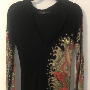 Hooded Sequined Ed Hardy Sweater with Pockets